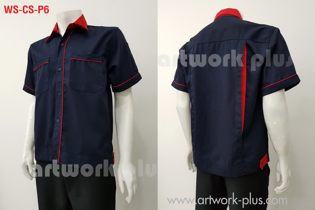 เสื้อช็อปสำเร็จรูป, เสื้อพนักงานแขนสั้น ,เสื้อช่างโรงงาน, เสื้อสีกรมท่าแต่งแดง, WS-CS-P6